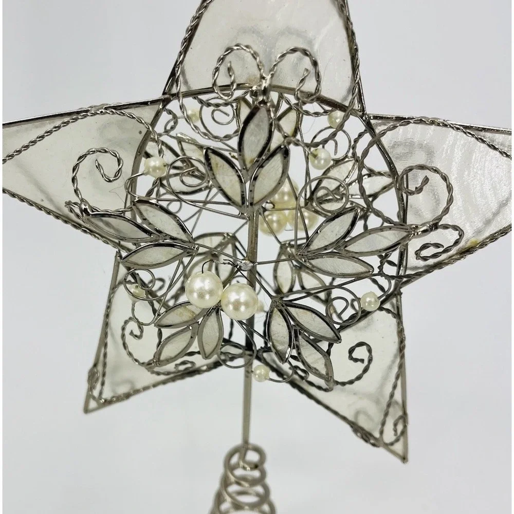 Capiz Shell Silver Star Christmas Tree Topper with Faux Pearls and‎ Scrolls